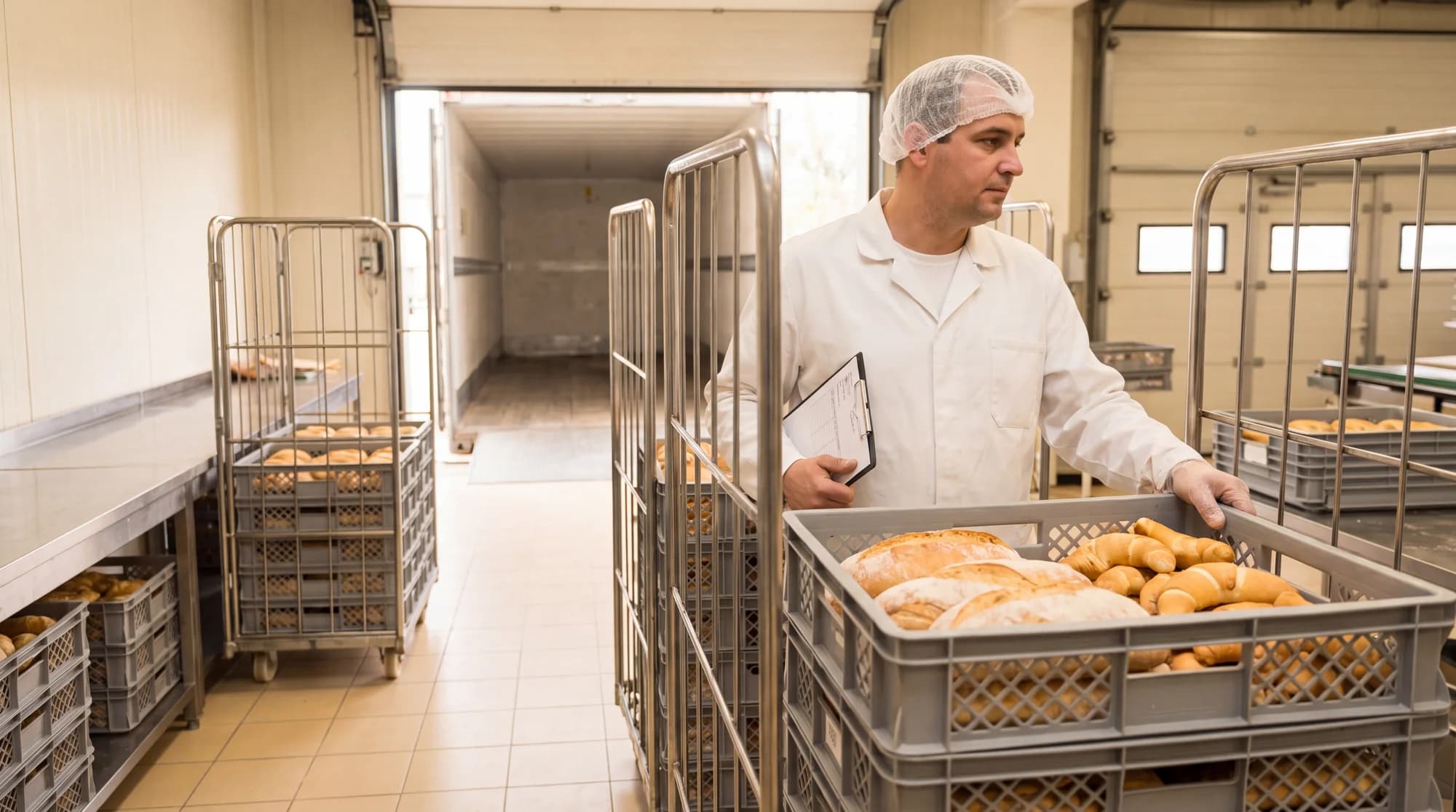 Árukiadó munkatárs friss kenyeret és péksüteményt készít össze rekeszekbe a sütőüzem kiadóterében