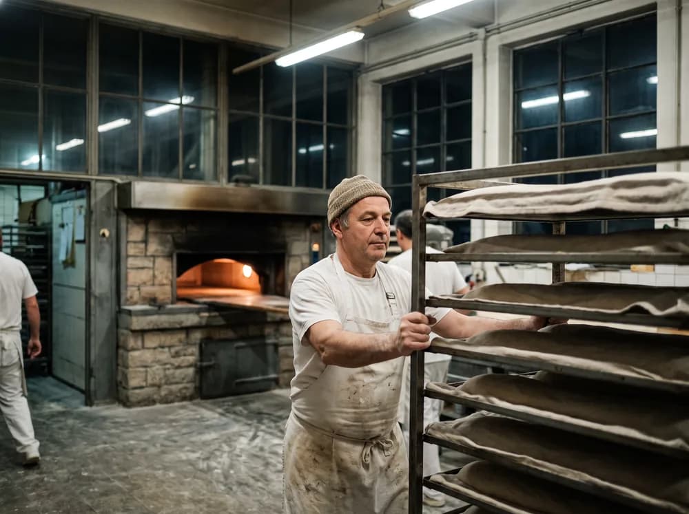 Pék éjszakai műszakban kelesztő kocsit tol az üzemben