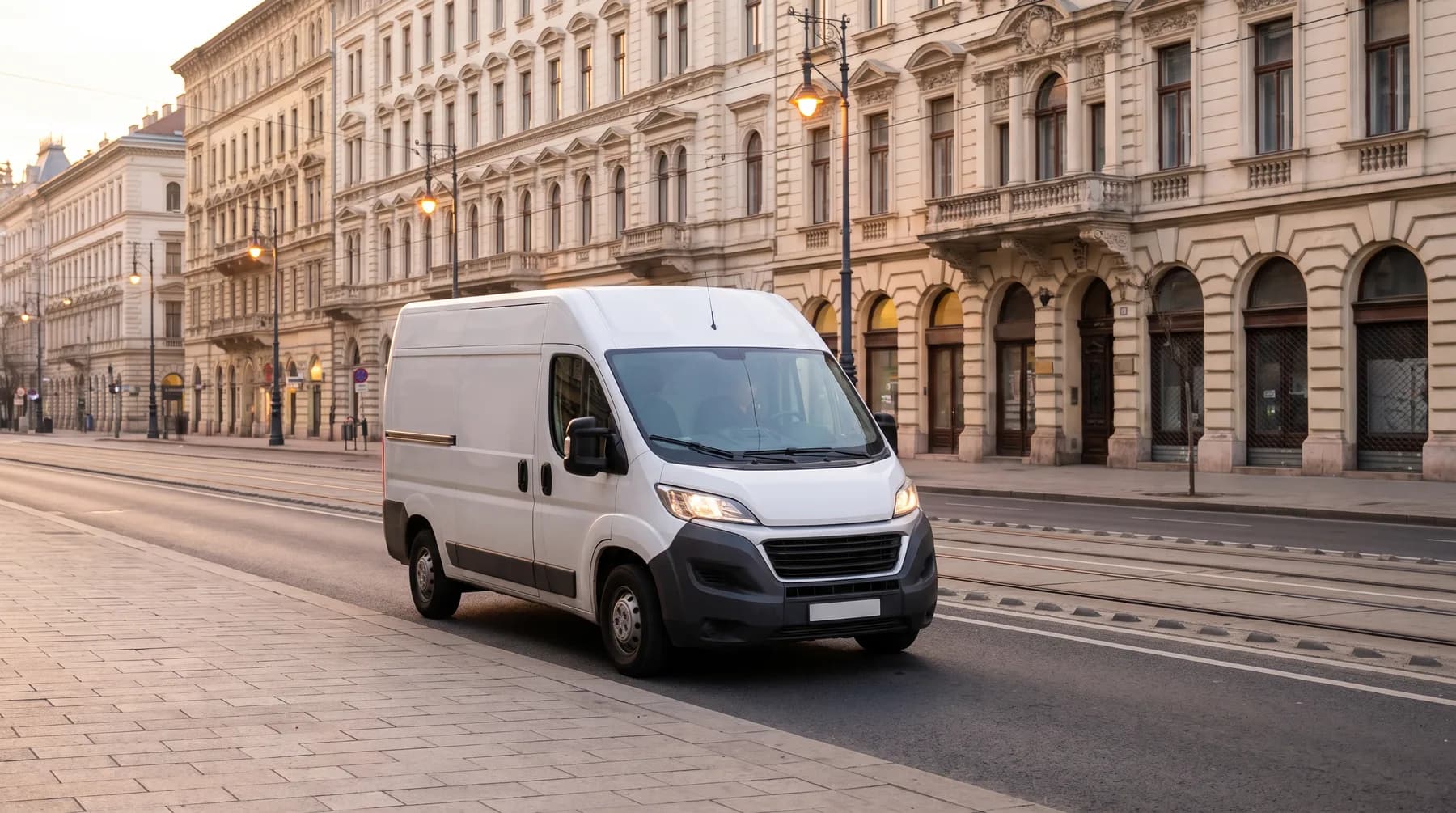 Fehér kisteherautó hajnalban egy üres budapesti sugárúton, villamossínekkel és klasszikus házsorral