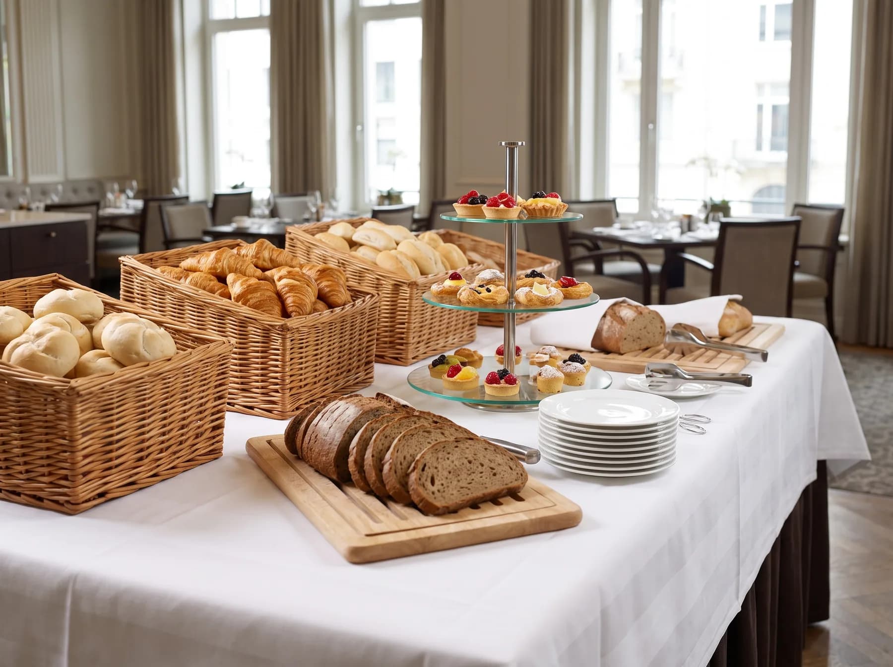 Szállodai reggeli büfépult kosarakban croissant-nal, zsemlével és emeletes tálcákon édes péksüteménnyel